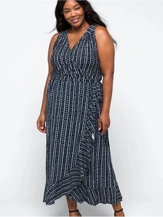 Loveappella Dresses & Skirts - Loveappella Navy and White Striped Sleeveless Wrap Maxi Dress